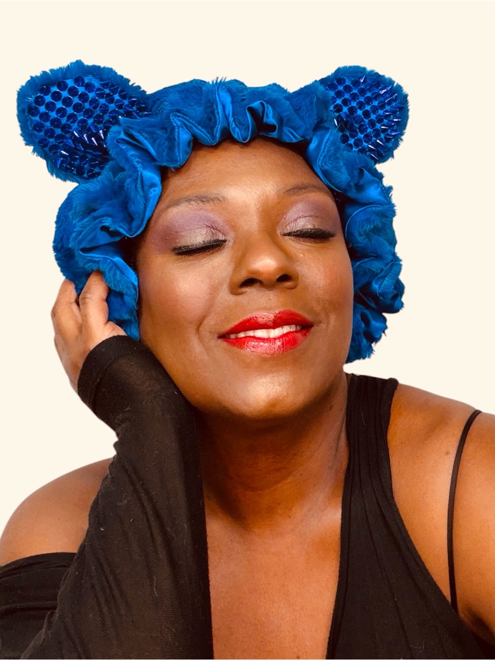 Blue Cat Faux Fur Bonnet with Spikes: Handmade Blue Satin Lined Sleep Cap